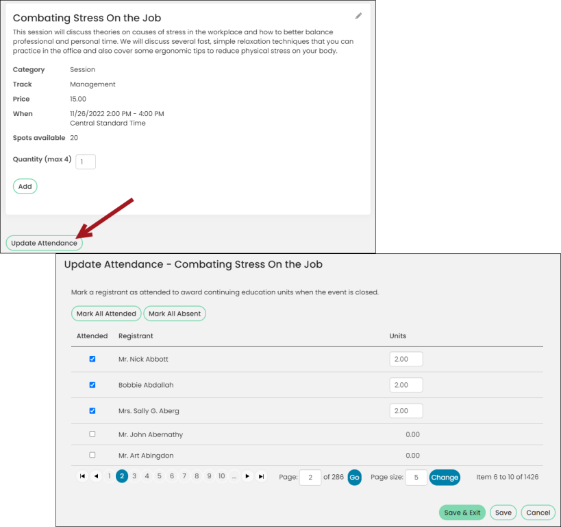 Use the update attendance button to mark a registrant as attended.
